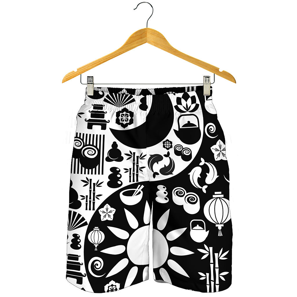 Black And White Japanese Yin Yang Print Men's Shorts