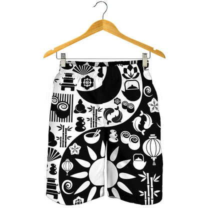 Black And White Japanese Yin Yang Print Men's Shorts