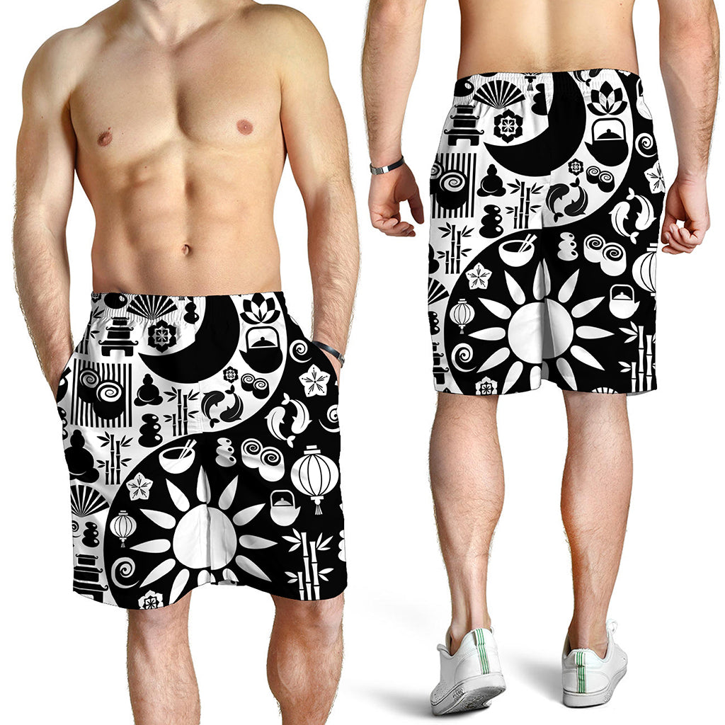 Black And White Japanese Yin Yang Print Men's Shorts