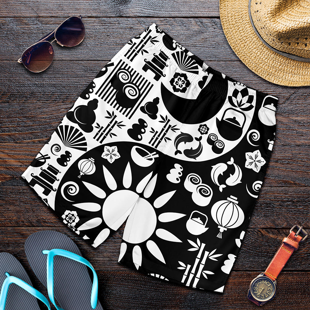 Black And White Japanese Yin Yang Print Men's Shorts
