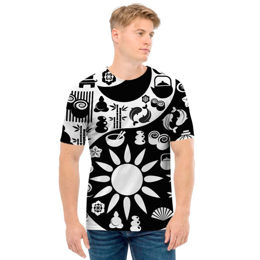 Black And White Japanese Yin Yang Print Men's T-Shirt