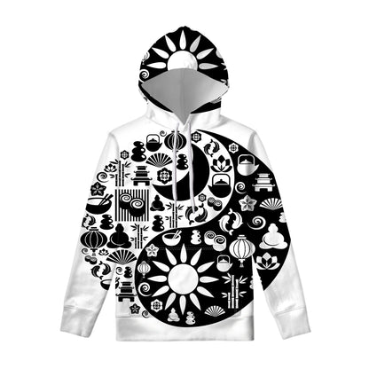 Black And White Japanese Yin Yang Print Pullover Hoodie