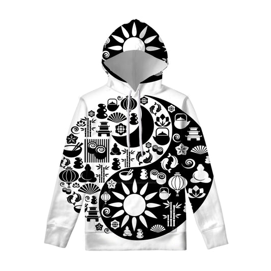 Black And White Japanese Yin Yang Print Pullover Hoodie