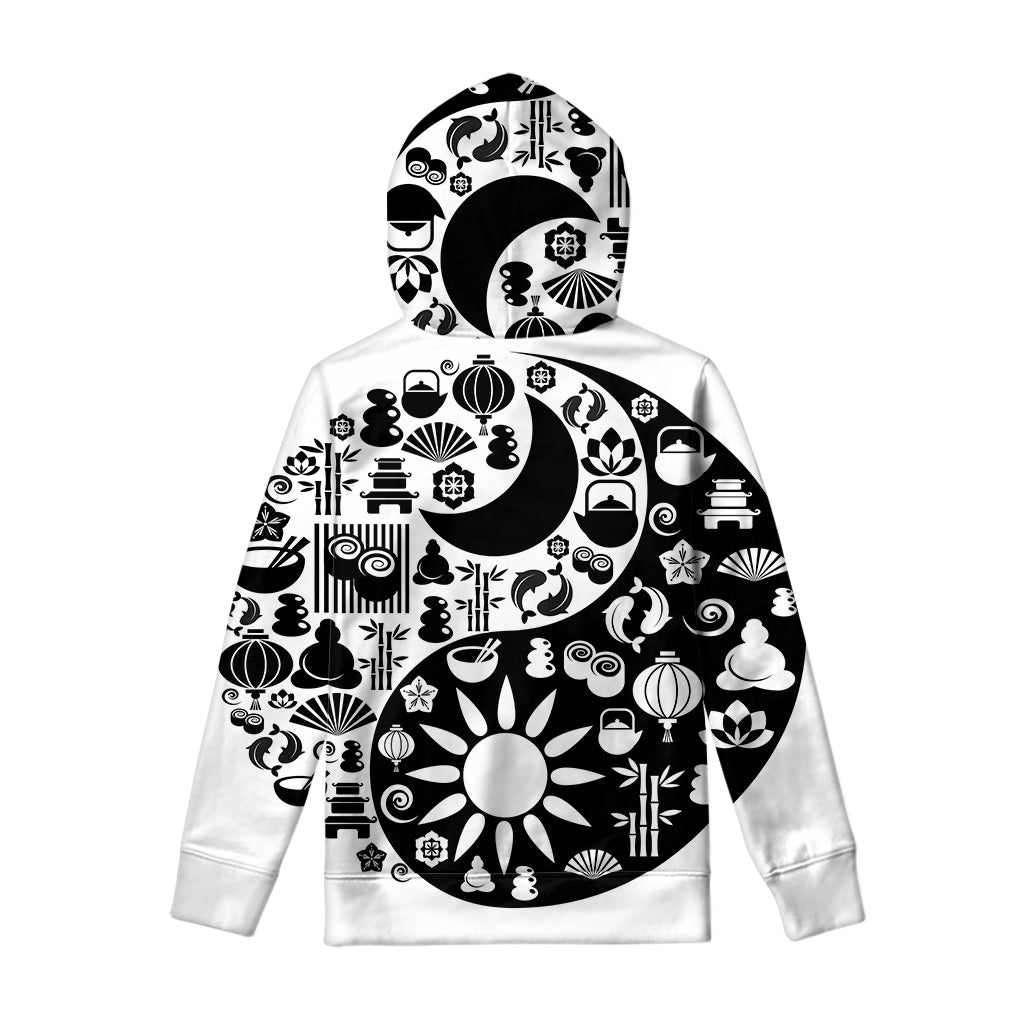 Black And White Japanese Yin Yang Print Pullover Hoodie