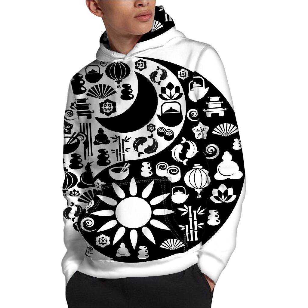 Black And White Japanese Yin Yang Print Pullover Hoodie