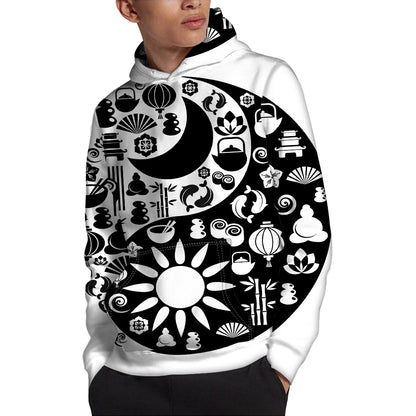 Black And White Japanese Yin Yang Print Pullover Hoodie