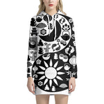 Black And White Japanese Yin Yang Print Pullover Hoodie Dress