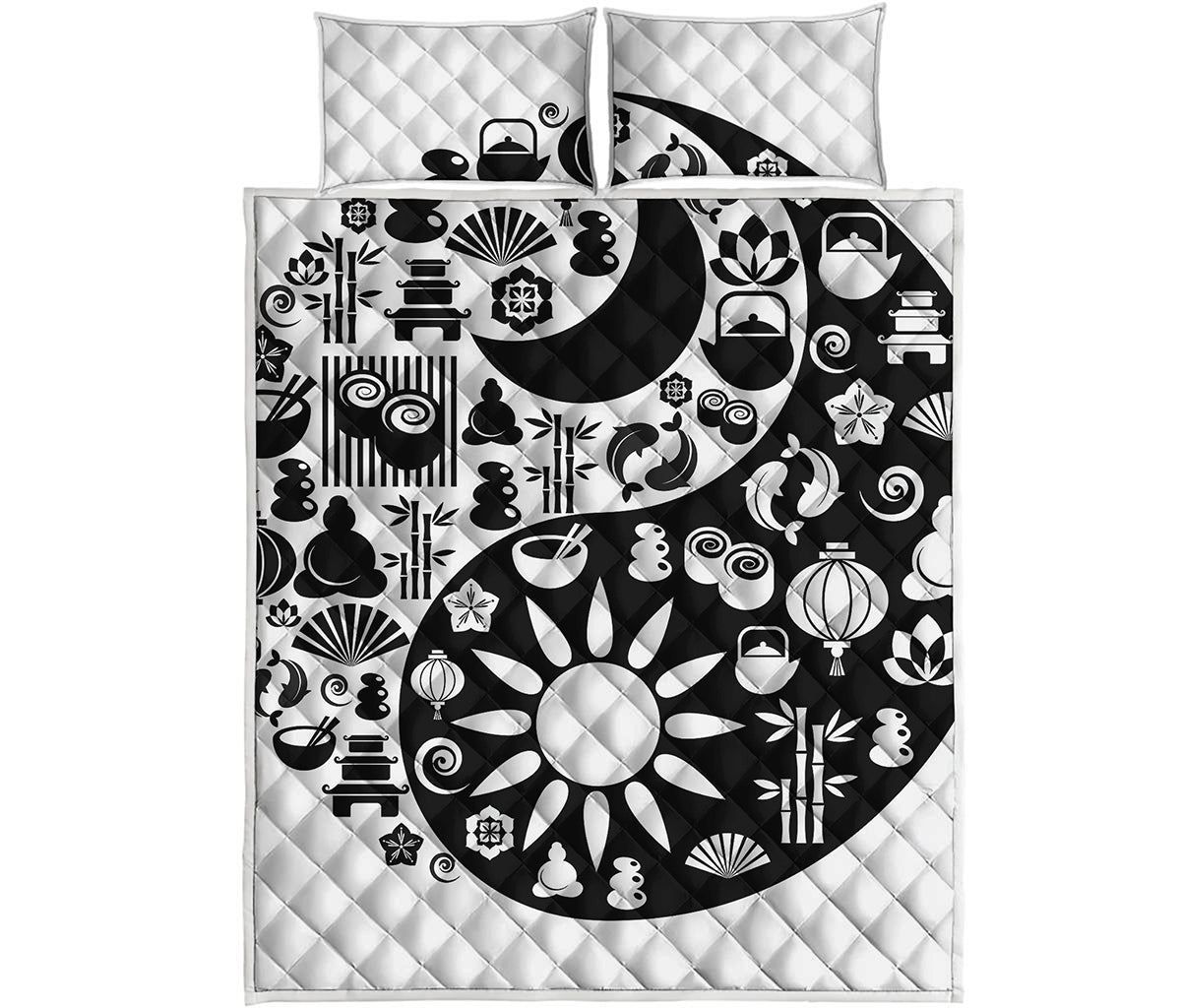 Black And White Japanese Yin Yang Print Quilt Bed Set