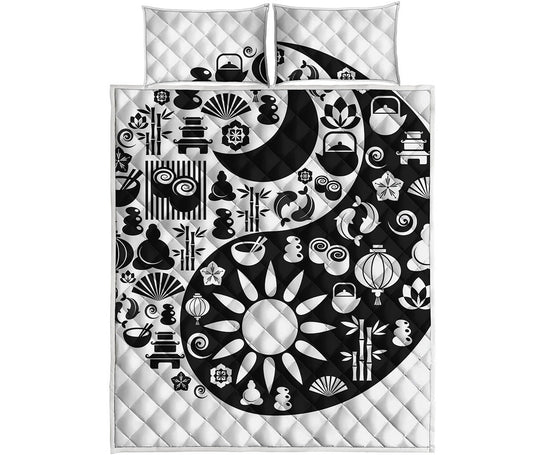 Black And White Japanese Yin Yang Print Quilt Bed Set