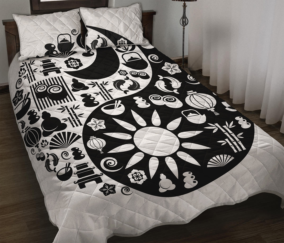 Black And White Japanese Yin Yang Print Quilt Bed Set