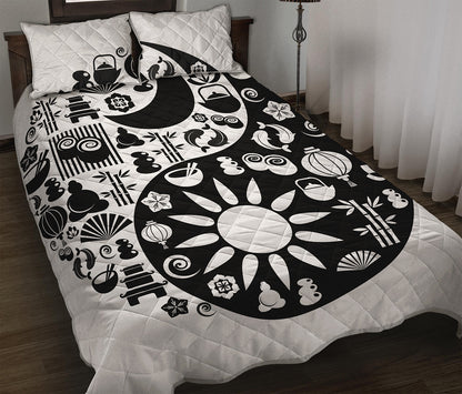 Black And White Japanese Yin Yang Print Quilt Bed Set