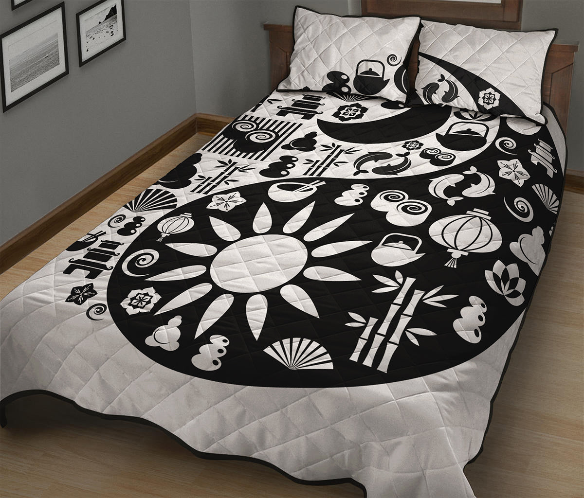 Black And White Japanese Yin Yang Print Quilt Bed Set