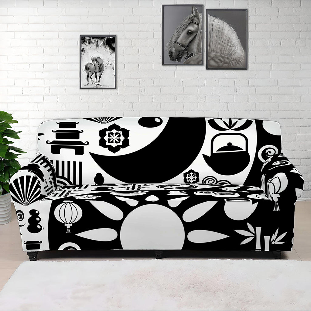 Black And White Japanese Yin Yang Print Sofa Cover