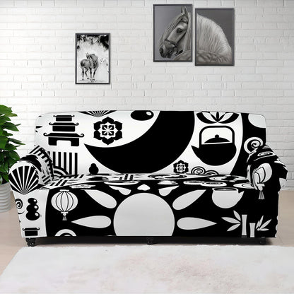 Black And White Japanese Yin Yang Print Sofa Cover