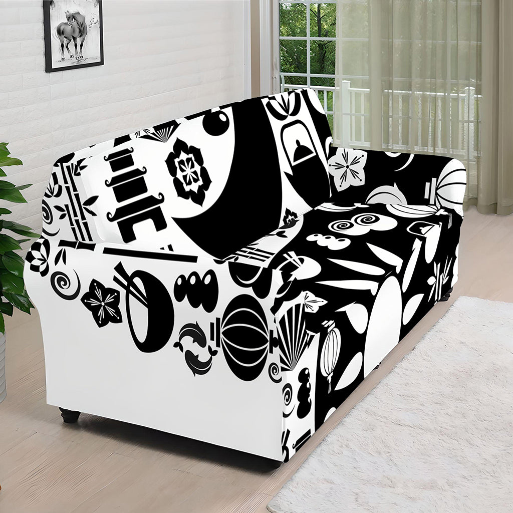Black And White Japanese Yin Yang Print Sofa Cover