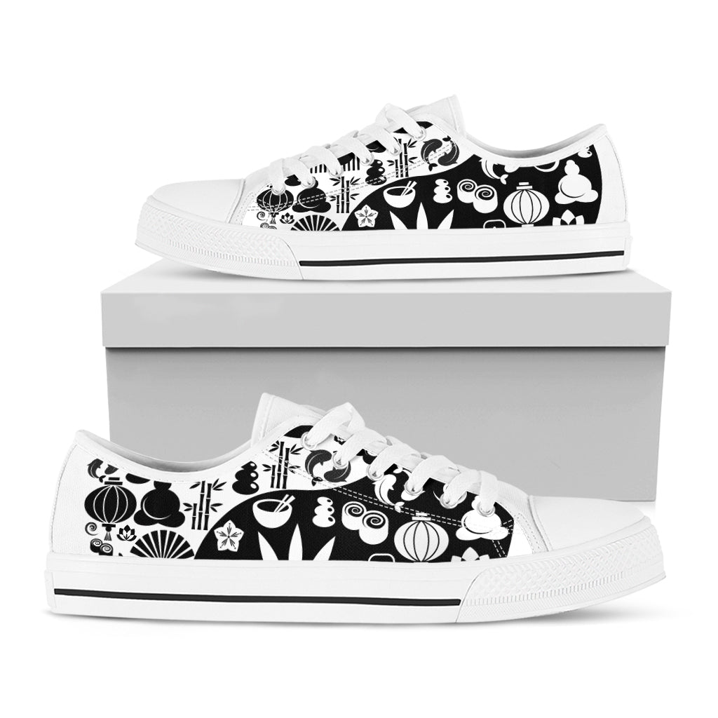 Black And White Japanese Yin Yang Print White Low Top Shoes