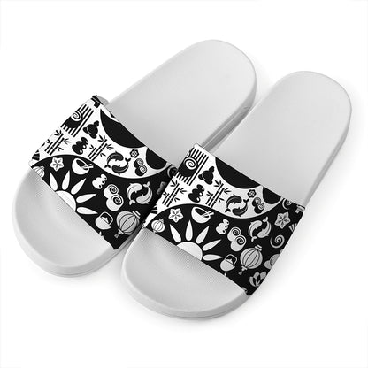Black And White Japanese Yin Yang Print White Slide Sandals