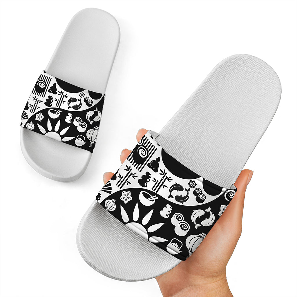 Black And White Japanese Yin Yang Print White Slide Sandals