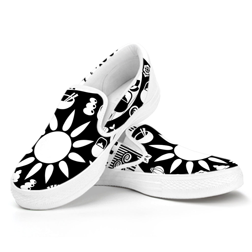Black And White Japanese Yin Yang Print White Slip On Shoes