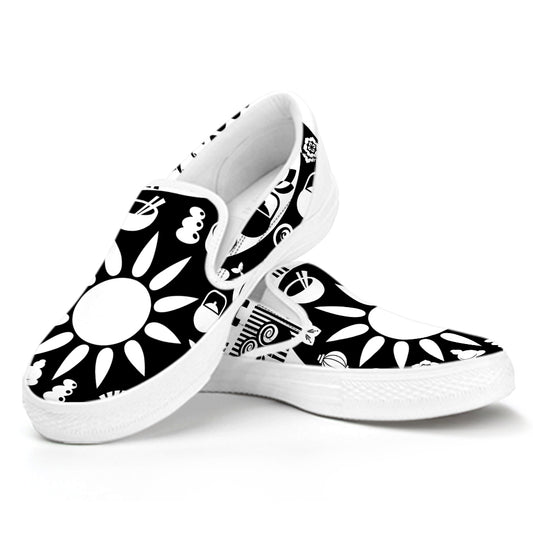 Black And White Japanese Yin Yang Print White Slip On Shoes