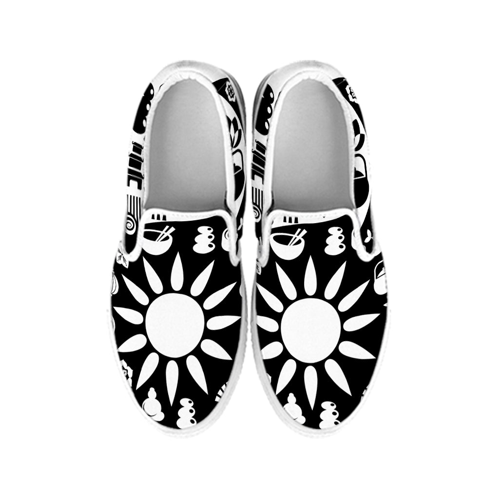 Black And White Japanese Yin Yang Print White Slip On Shoes