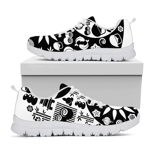 Black And White Japanese Yin Yang Print White Sneakers