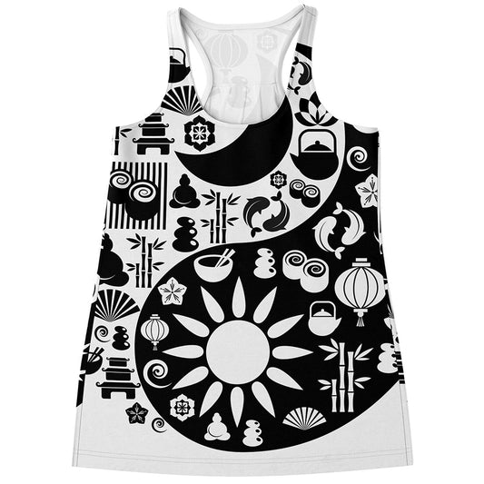 Black And White Japanese Yin Yang Print Women's Racerback Tank Top