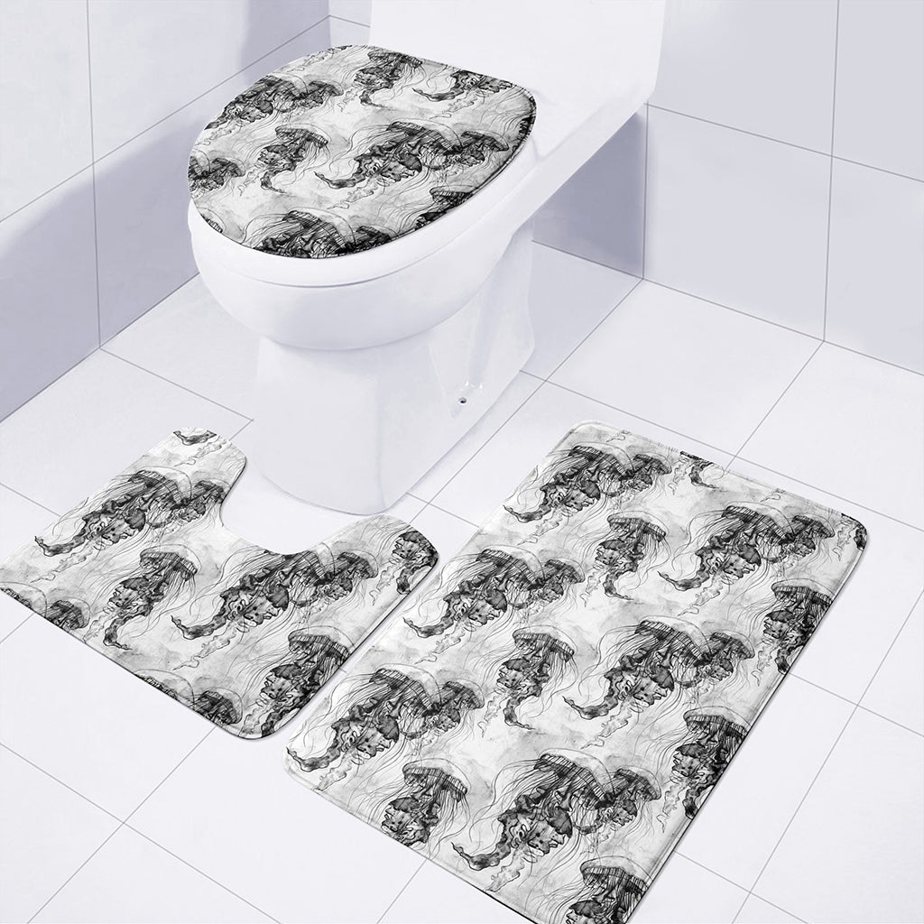 Black And White Jellyfish Pattern Print 3 Piece Bath Mat Set