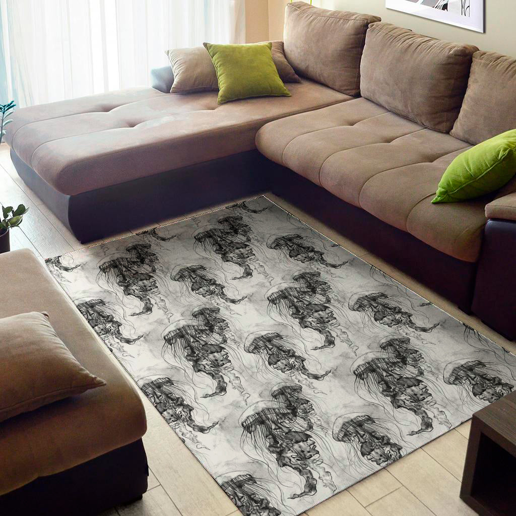 Black And White Jellyfish Pattern Print Area Rug