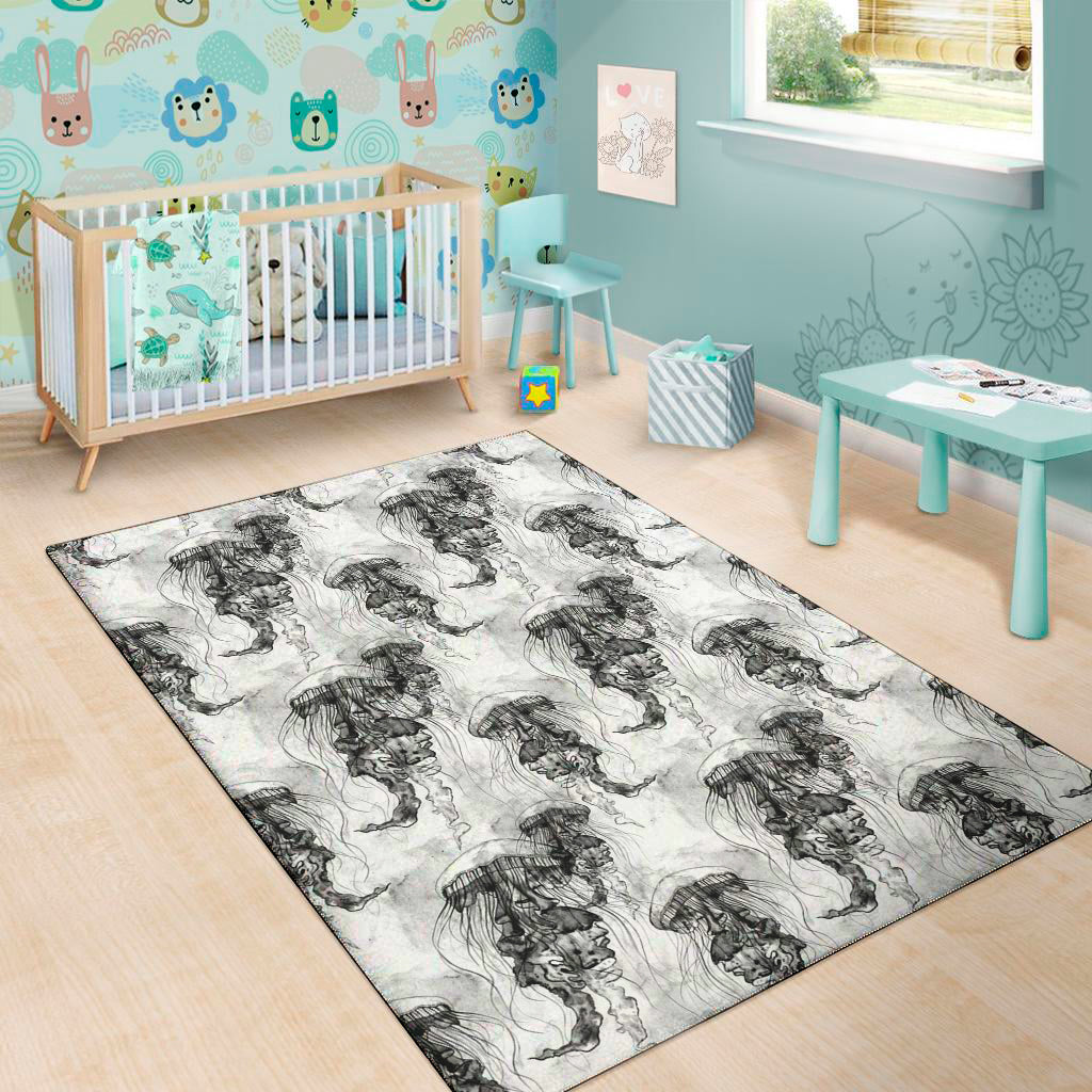 Black And White Jellyfish Pattern Print Area Rug