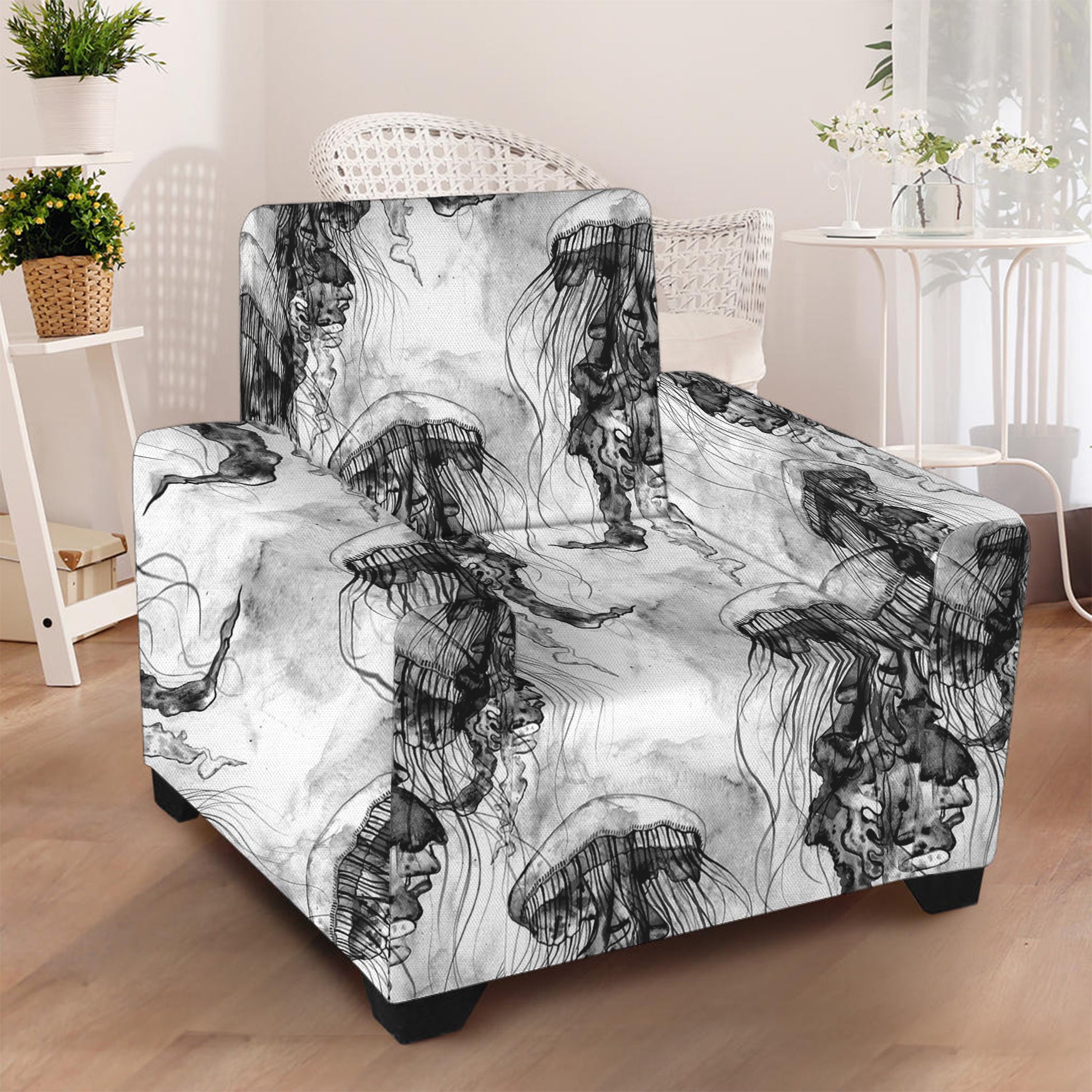 Black And White Jellyfish Pattern Print Armchair Slipcover