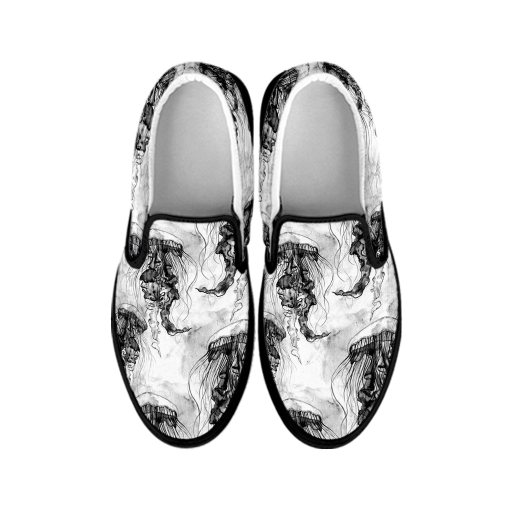 Black And White Jellyfish Pattern Print Black Slip On Shoes