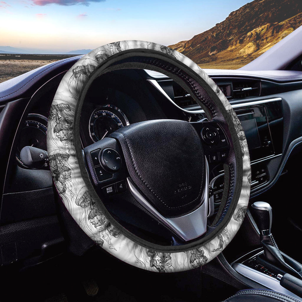 Black And White Jellyfish Pattern Print Car Steering Wheel Cover