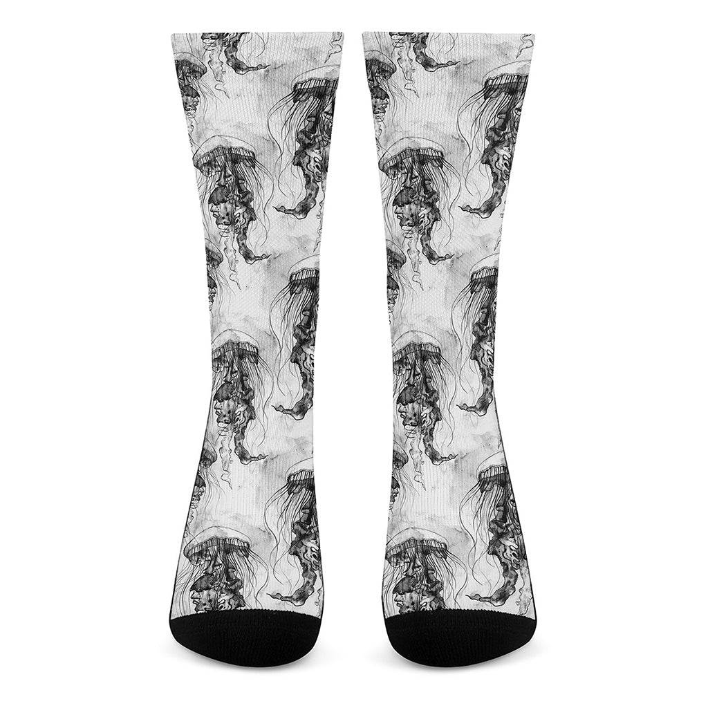 Black And White Jellyfish Pattern Print Crew Socks