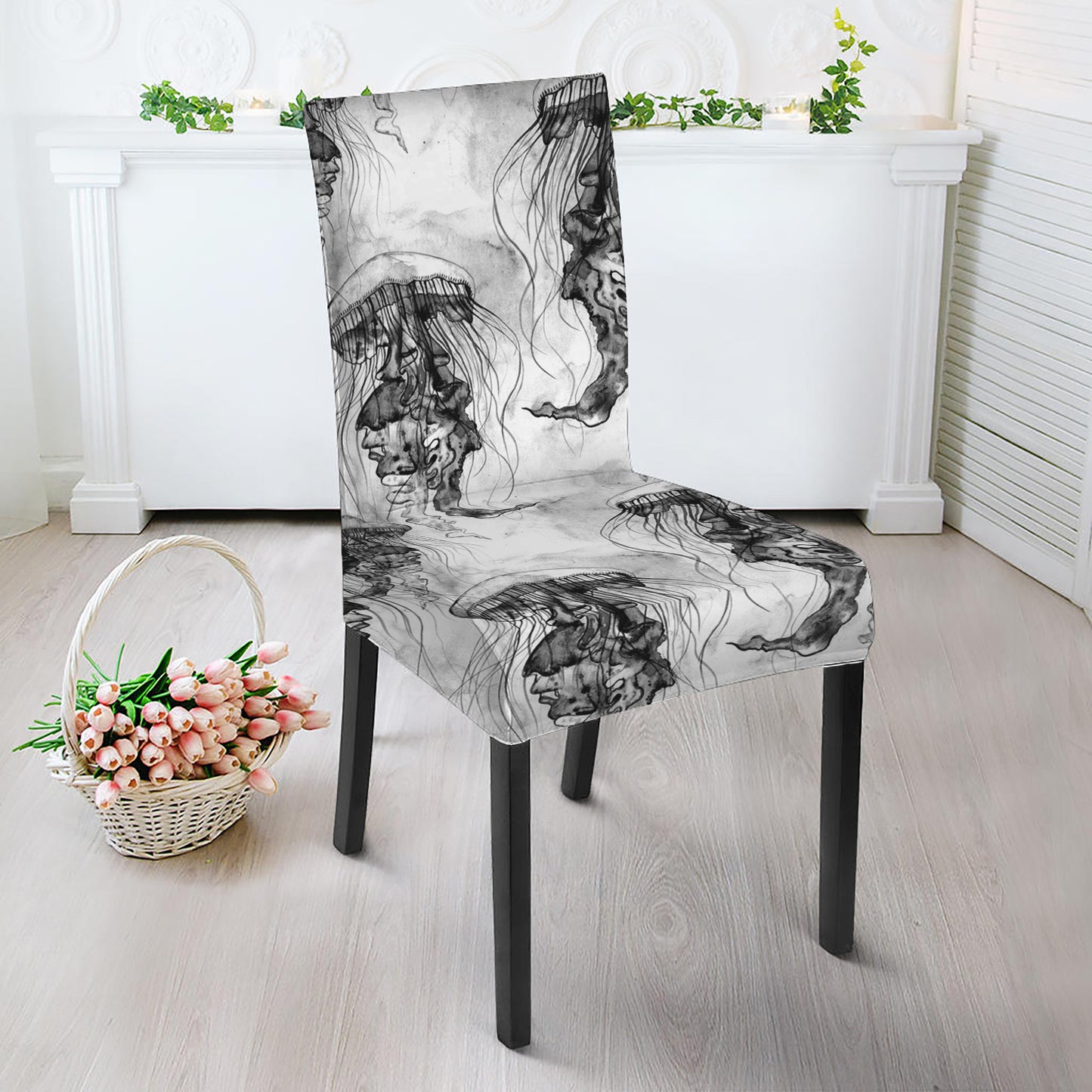 Black And White Jellyfish Pattern Print Dining Chair Slipcover