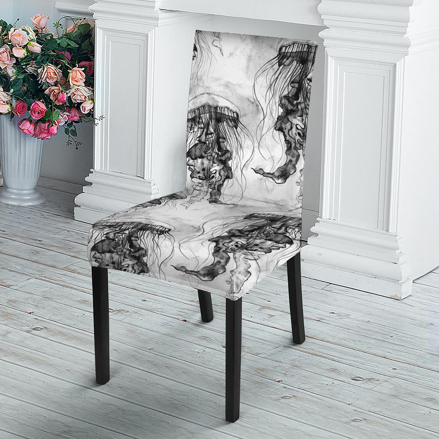 Black And White Jellyfish Pattern Print Dining Chair Slipcover
