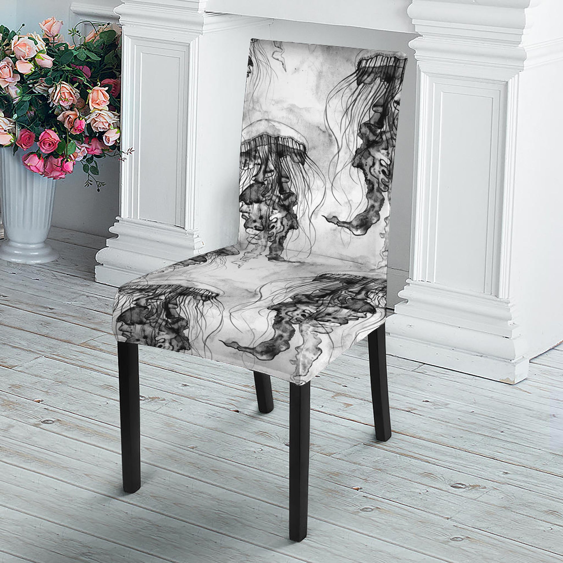 Black And White Jellyfish Pattern Print Dining Chair Slipcover