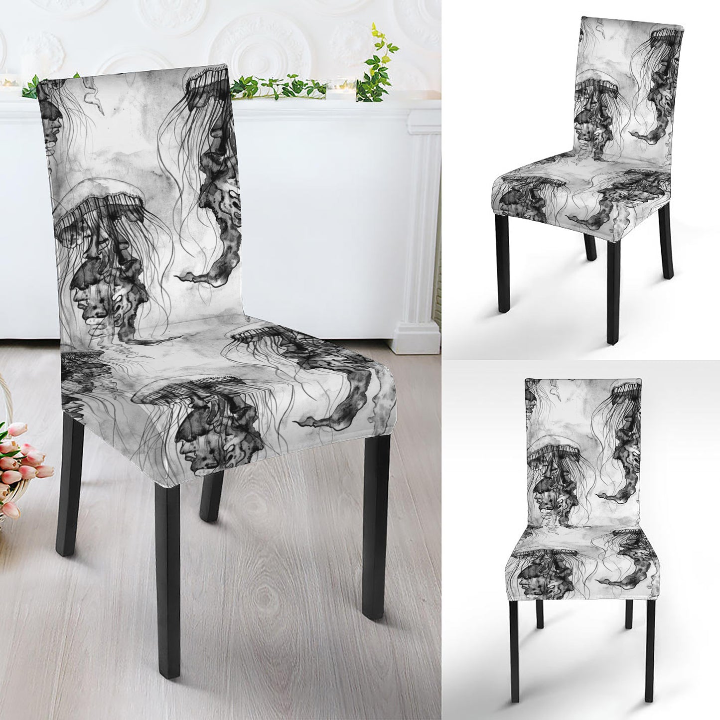 Black And White Jellyfish Pattern Print Dining Chair Slipcover