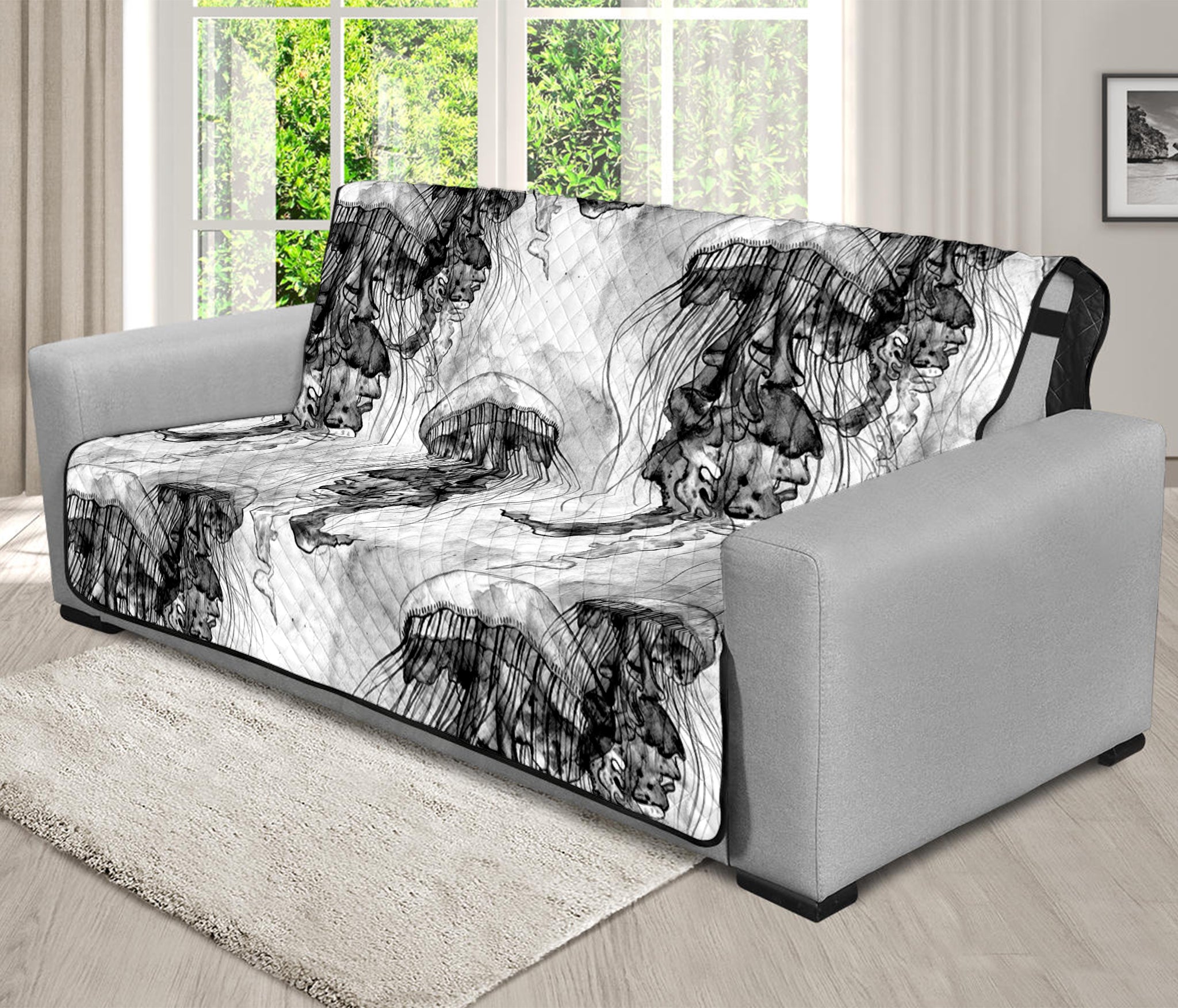 Black And White Jellyfish Pattern Print Futon Protector