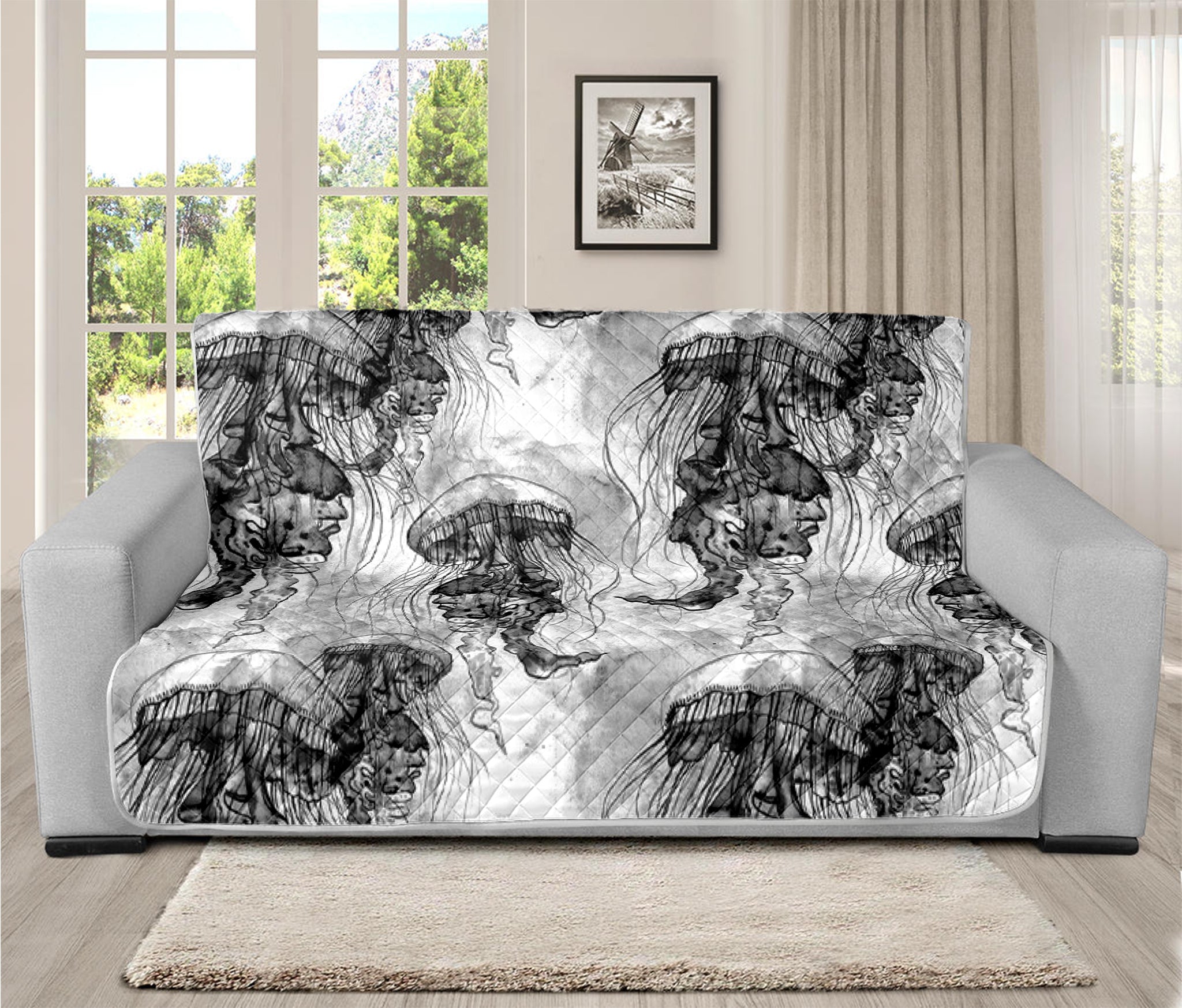 Black And White Jellyfish Pattern Print Futon Protector