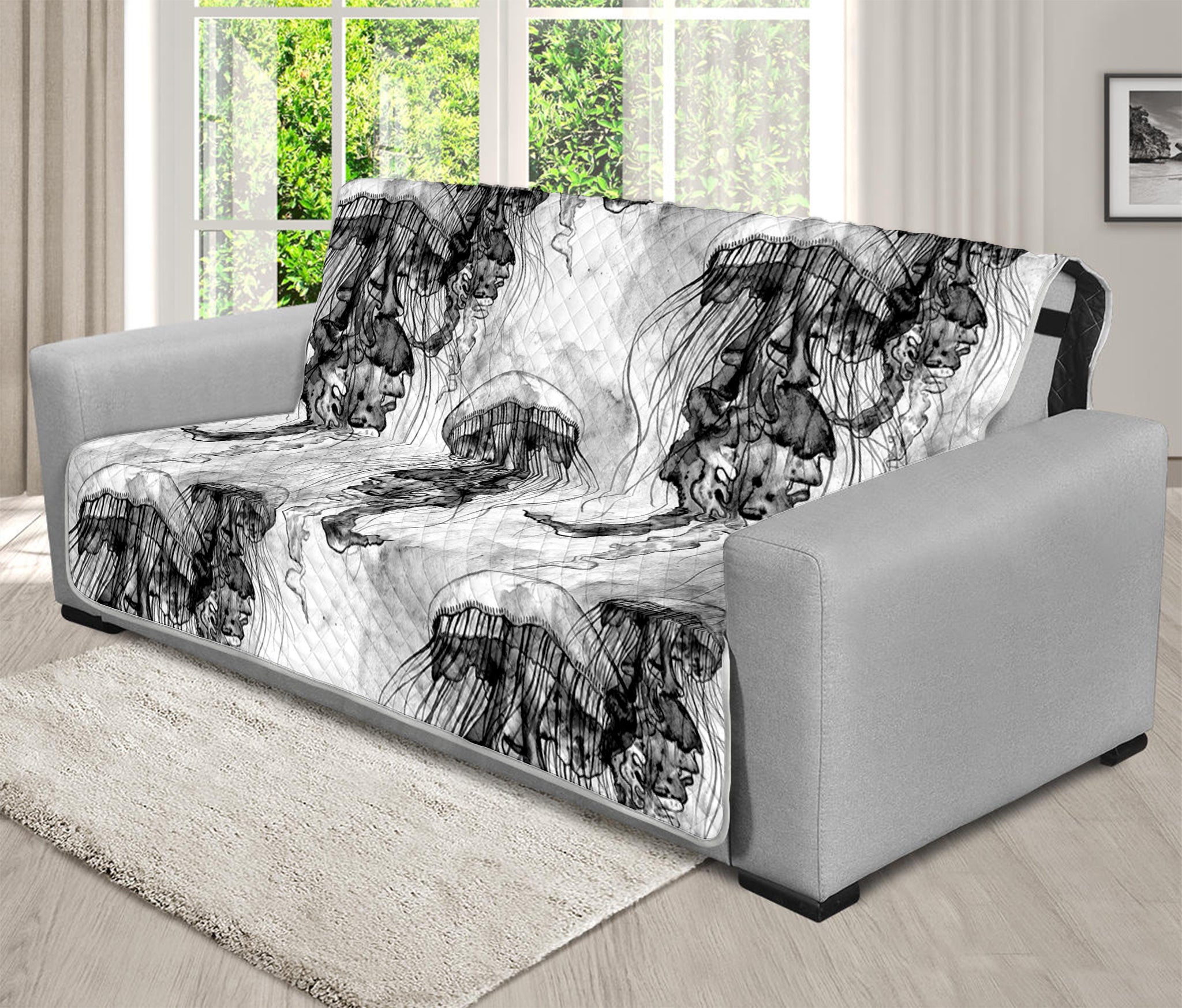 Black And White Jellyfish Pattern Print Futon Protector