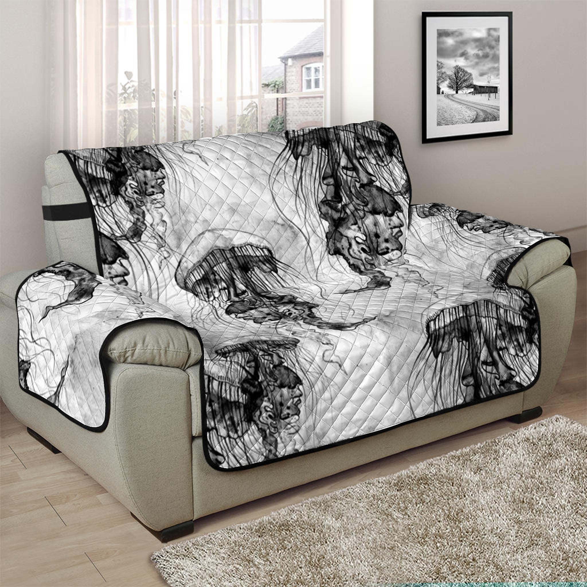 Black And White Jellyfish Pattern Print Half Sofa Protector