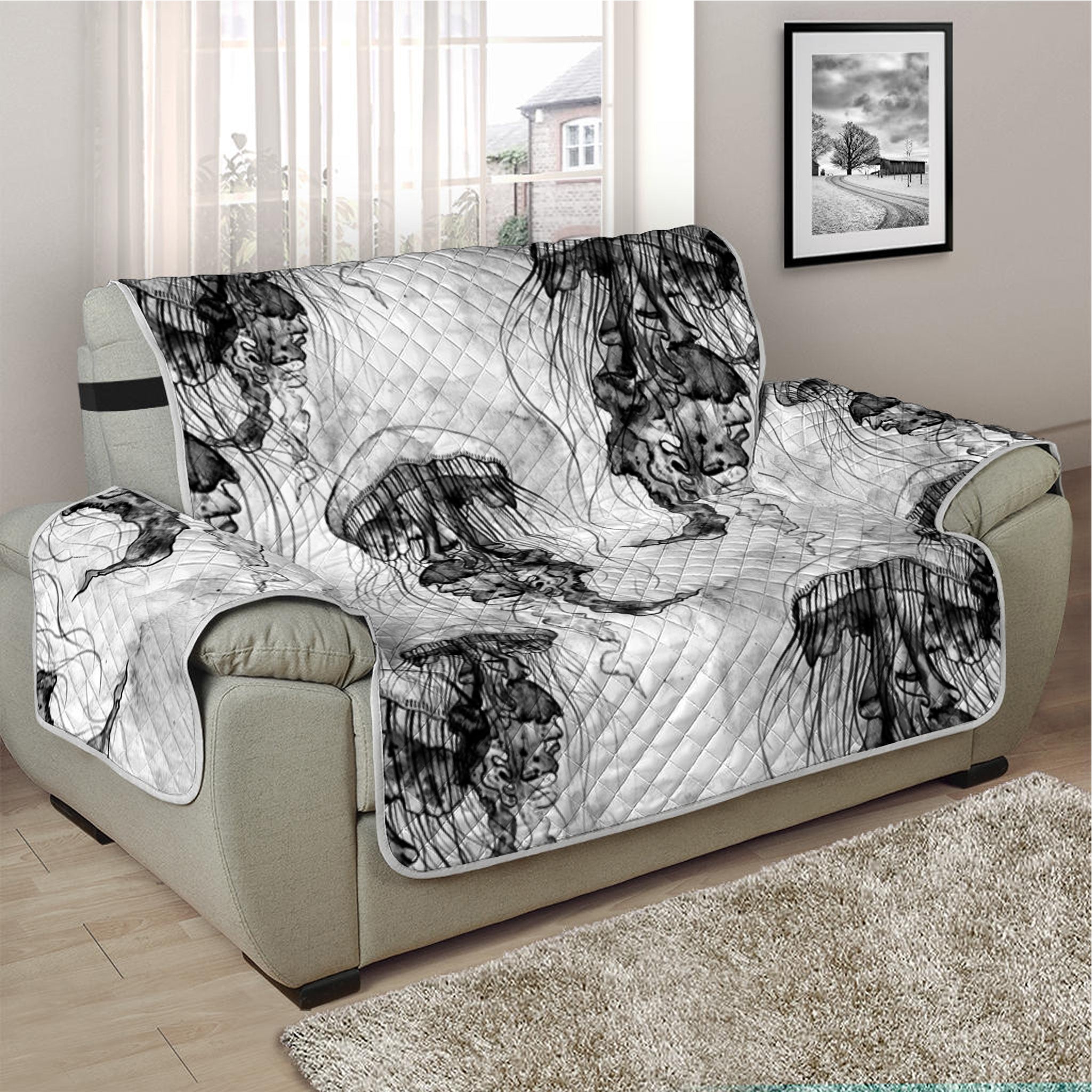 Black And White Jellyfish Pattern Print Half Sofa Protector