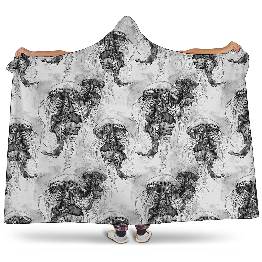 Black And White Jellyfish Pattern Print Hooded Blanket