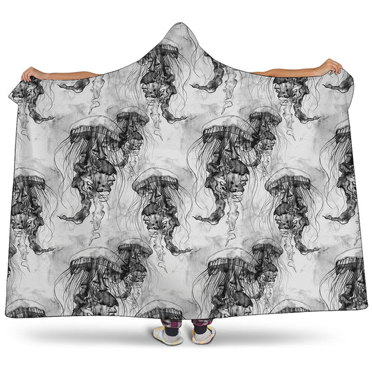 Black And White Jellyfish Pattern Print Hooded Blanket