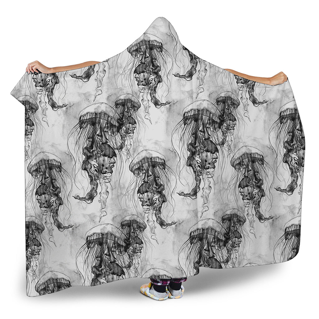 Black And White Jellyfish Pattern Print Hooded Blanket
