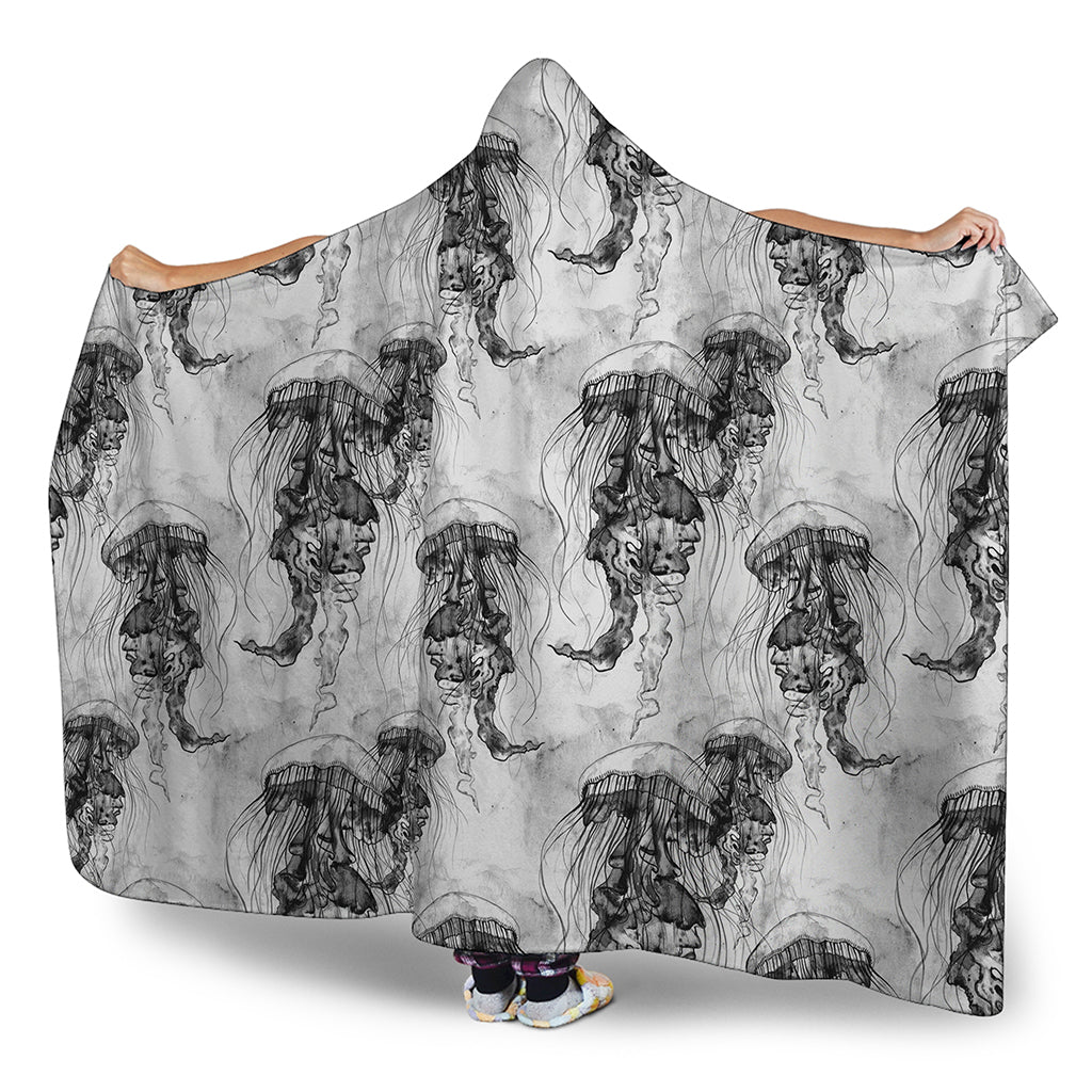 Black And White Jellyfish Pattern Print Hooded Blanket