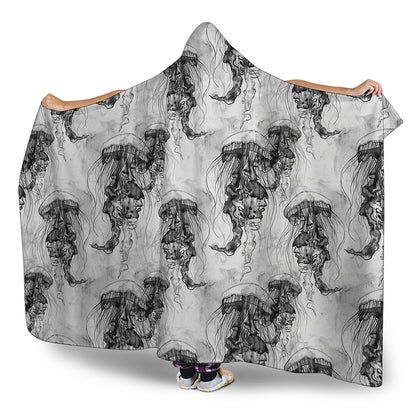 Black And White Jellyfish Pattern Print Hooded Blanket