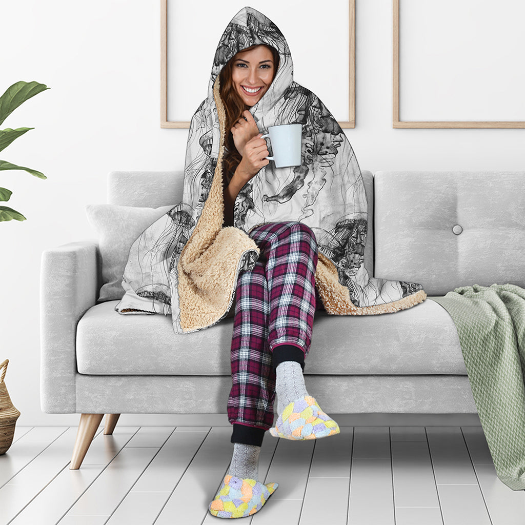 Black And White Jellyfish Pattern Print Hooded Blanket