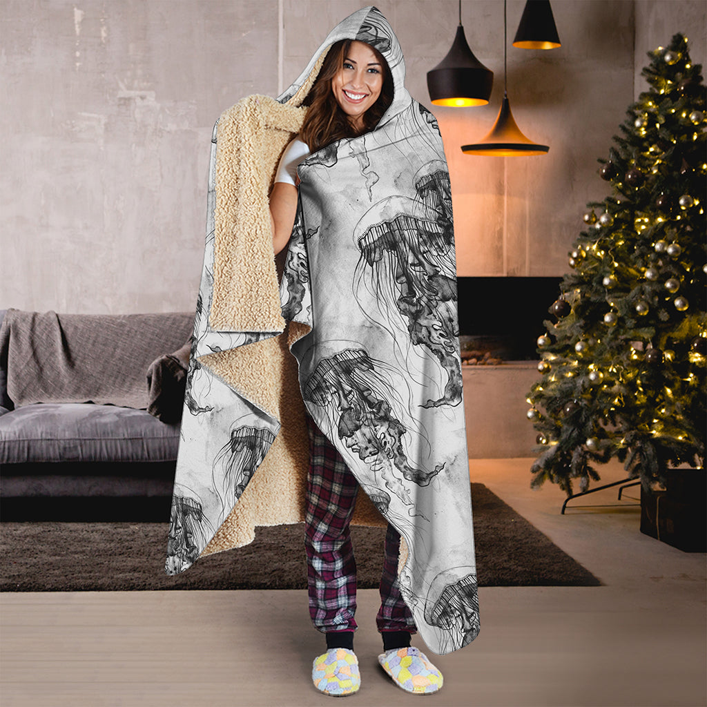 Black And White Jellyfish Pattern Print Hooded Blanket